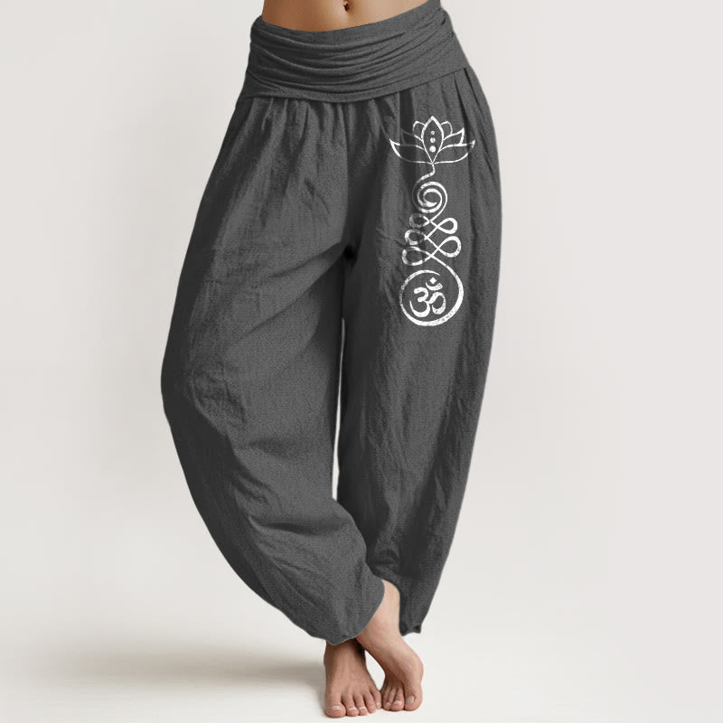 Buddha Stones Plain Lotus Om Pattern Women's Elastic Waist Harem Cotton Pants - DimGray - US22,UK/AU26,EU54 (6XL) - image 11