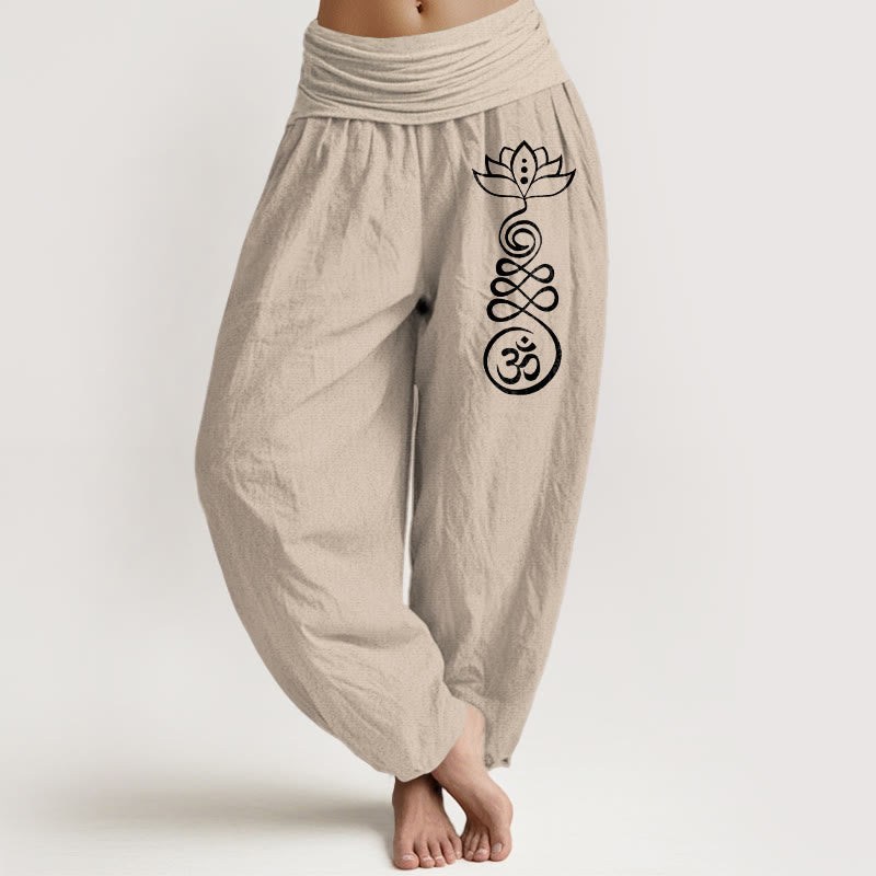 Buddha Stones Plain Lotus Om Pattern Women's Elastic Waist Harem Cotton Pants - Tan - US22,UK/AU26,EU54 (6XL) - image 14