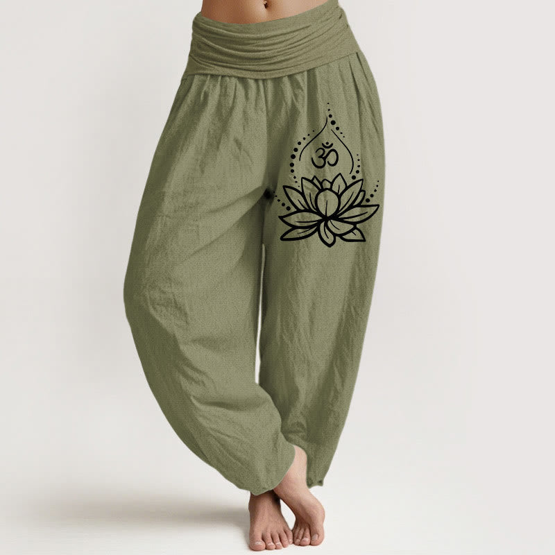Buddha Stones Blooming Lotus Om Symbol Pattern Women's Elastic Waist Harem Cotton Pants - OliveDrab - US22,UK/AU26,EU54 (6XL) - image 14