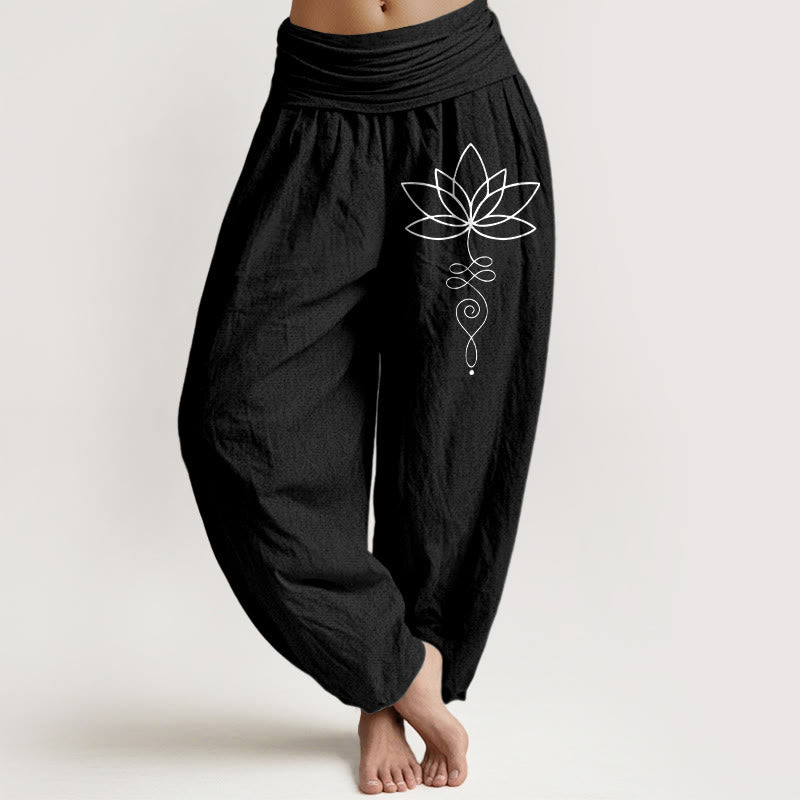 Buddha Stones Lotus Unalome Symbol Pattern Women's Elastic Waist Harem Pure Cotton Pants - Black - US22,UK/AU26,EU54 (6XL) - image 5