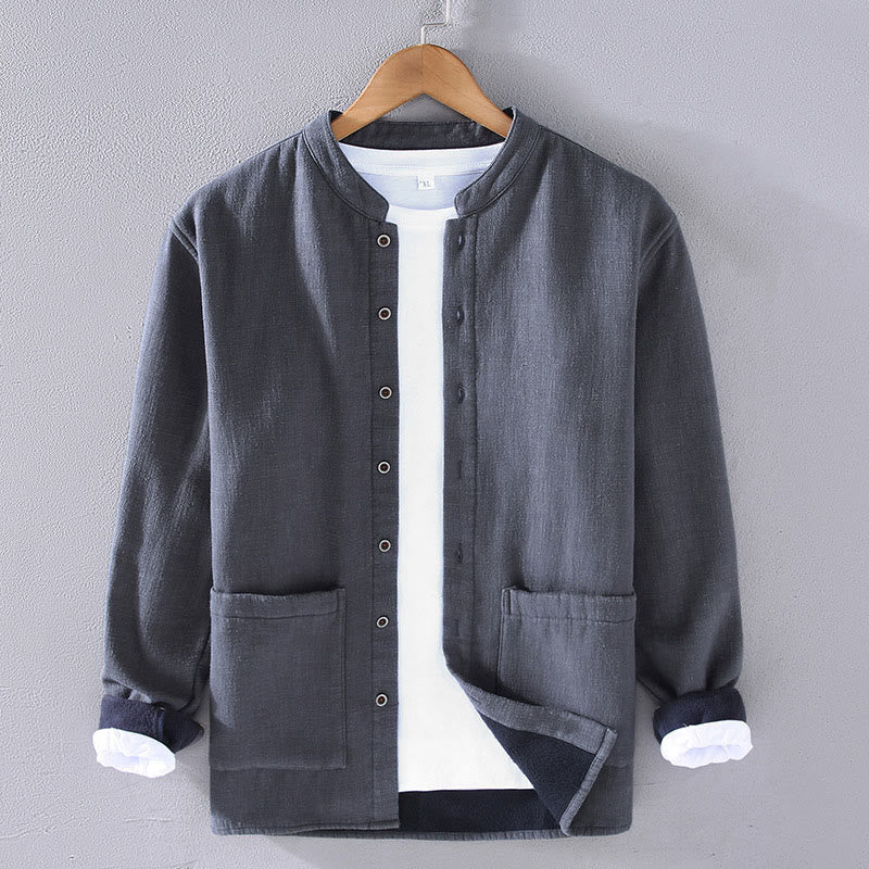 Buddha Stones Men's Stnad Collar Long Sleeve Thermal Fleece-lined Ramie Cotton Jacket With Pockets - LightSlateGray - US/UK/AU42,EU52 (3XL) - image 2