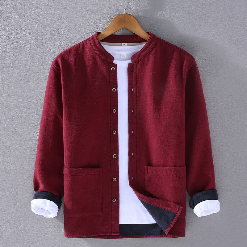 Buddha Stones Men's Stnad Collar Long Sleeve Thermal Fleece-lined Ramie Cotton Jacket With Pockets - FireBrick - US/UK/AU42,EU52 (3XL) - image 1