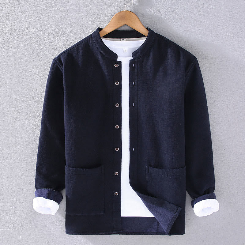 Buddha Stones Men's Stnad Collar Long Sleeve Thermal Fleece-lined Ramie Cotton Jacket With Pockets - MidnightBlue - US/UK/AU42,EU52 (3XL) - image 3