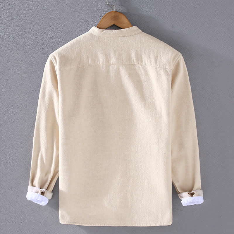 Buddha Stones Men's Stnad Collar Long Sleeve Thermal Fleece-lined Ramie Cotton Jacket With Pockets - image 5