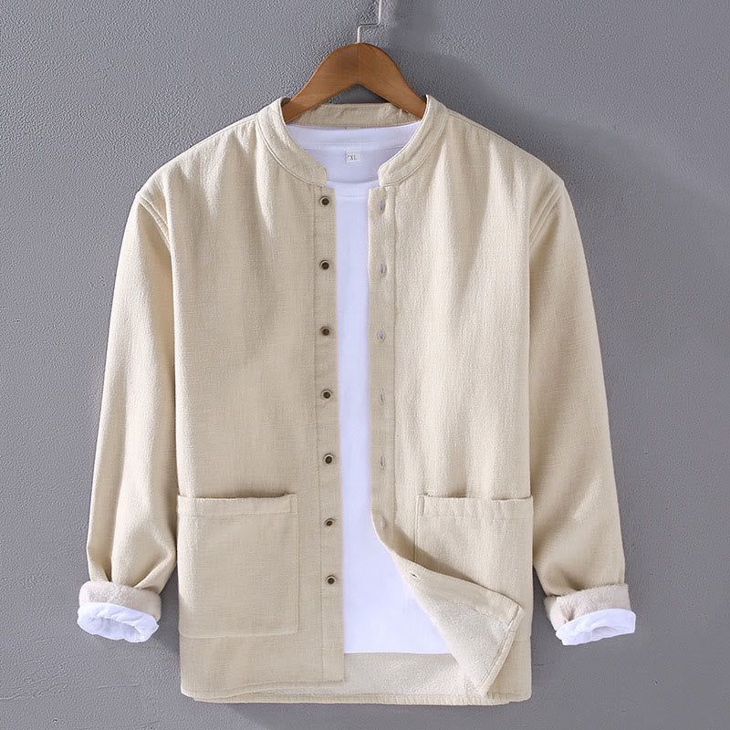 Buddha Stones Men's Stnad Collar Long Sleeve Thermal Fleece-lined Ramie Cotton Jacket With Pockets - Beige - US/UK/AU42,EU52 (3XL) - image 4