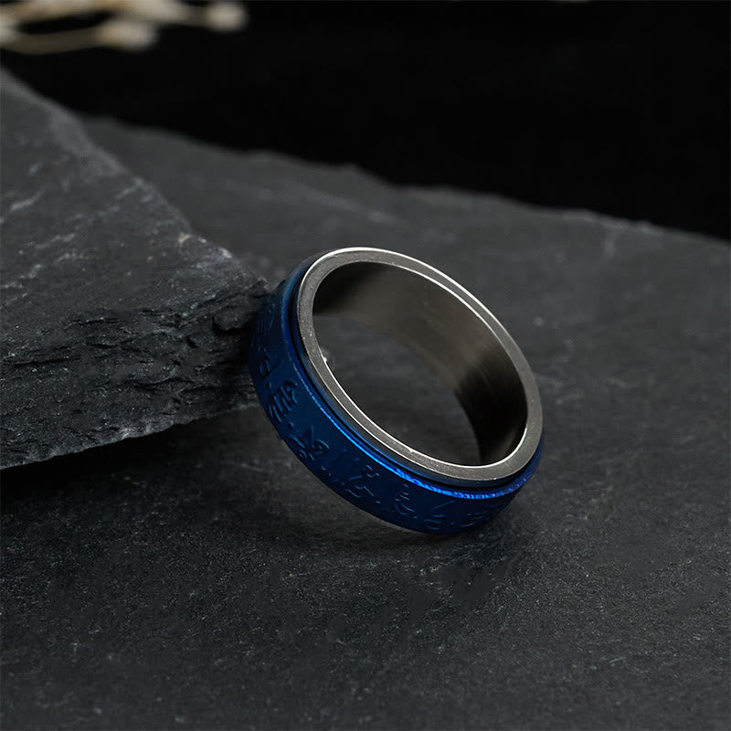 Buddha Stones Tibetan Scriptures Blue Pharmacist Mantra Titanium Steel Spinner Balance Ring - image 3