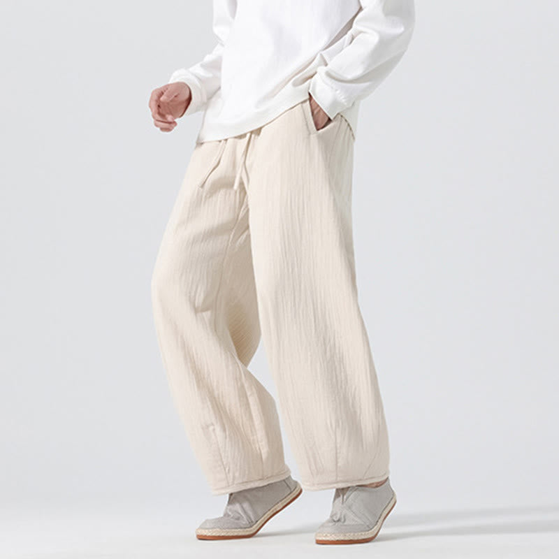 Buddha Stones Daily Drawstring Chinese Zen Style Men's Wide Leg Pure Pants With Pockets - image 5