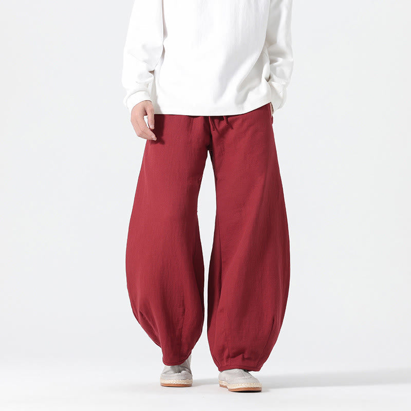 Buddha Stones Daily Drawstring Chinese Zen Style Men's Wide Leg Pure Pants With Pockets - Crimson - US/UK/AU46,EU56 (5XL) - image 10