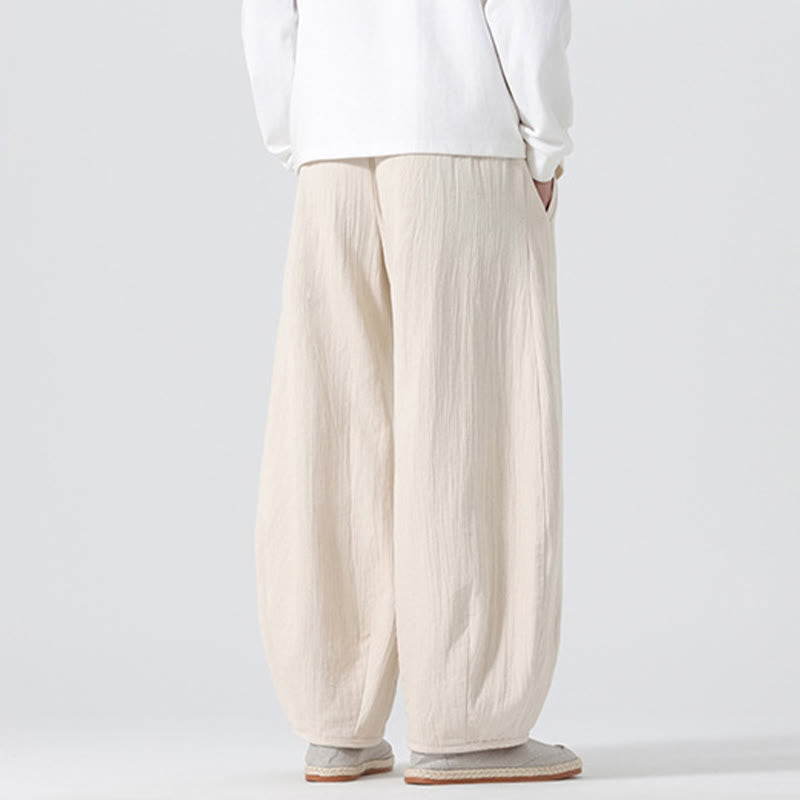 Buddha Stones Daily Drawstring Chinese Zen Style Men's Wide Leg Pure Pants With Pockets - image 2
