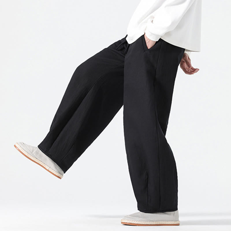 Buddha Stones Daily Drawstring Chinese Zen Style Men's Wide Leg Pure Pants With Pockets - image 22