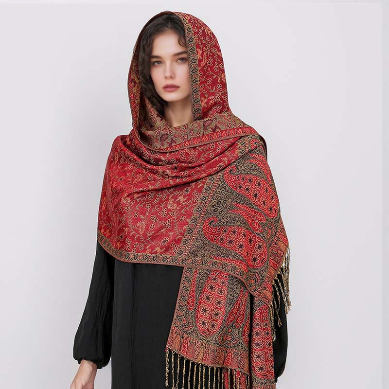 Buddha Stones Tibetan Jacquard Paisley Flower Pattern Color Contrast Design Tassel Cozy Scarf Shawl - image 2