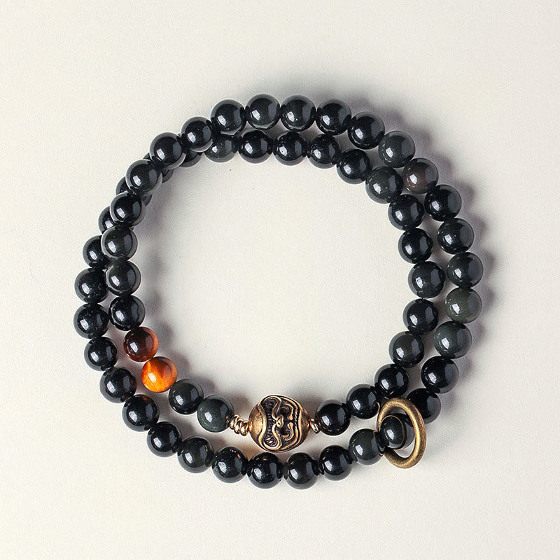 Buddha Stones Tibetan Black Obsidian Tiger Eye Copper Double Wrap Strength Bracelet - image 1