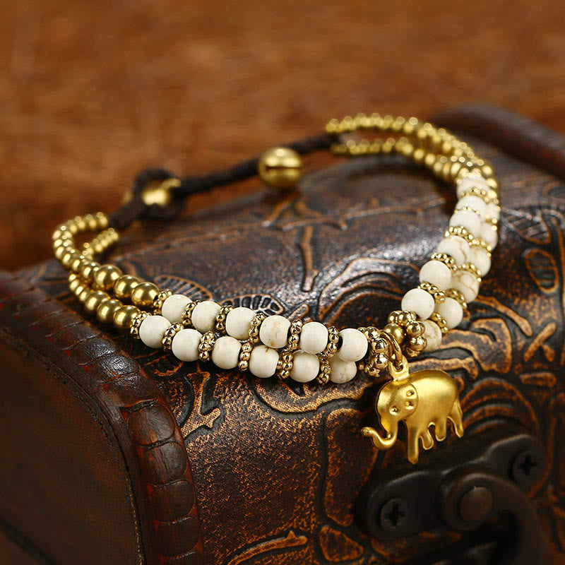 Buddha Stones Turquoise Elephant Luck Double-layer Plated Copper Strength Bracelet - White Turquoise(Wrist Circumference: 15-18cm) - image 0