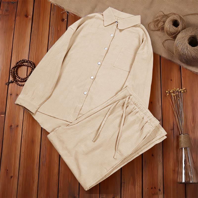 Buddha Stones 2Pcs Long Sleeve Shirt Top With Pockets Drawstring Pants Meditation Cotton Clothing Women's Set - image 13