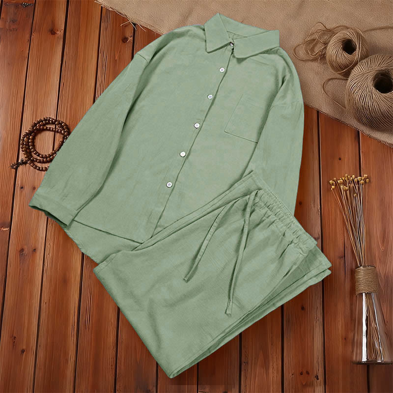 Buddha Stones 2Pcs Long Sleeve Shirt Top With Pockets Drawstring Pants Meditation Cotton Clothing Women's Set - image 43