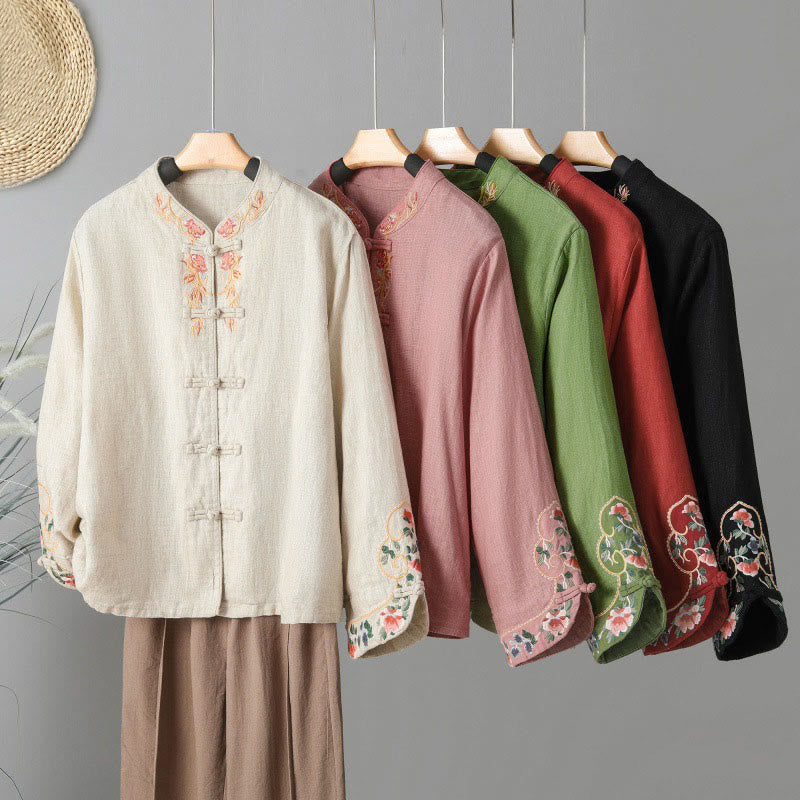 Buddha Stones Casual Women's Embroidery Long Sleeve Stand Collar Cotton Shirt - image 0