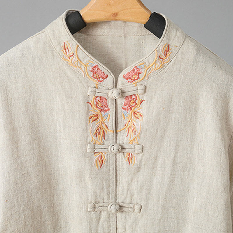 Buddha Stones Casual Women's Embroidery Long Sleeve Stand Collar Cotton Shirt - image 7