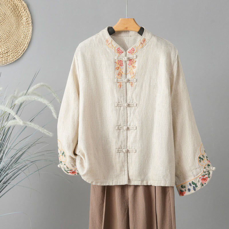 Buddha Stones Casual Women's Embroidery Long Sleeve Stand Collar Cotton Shirt - Beige - US14,UK/AU18,EU46 (2XL) - image 1