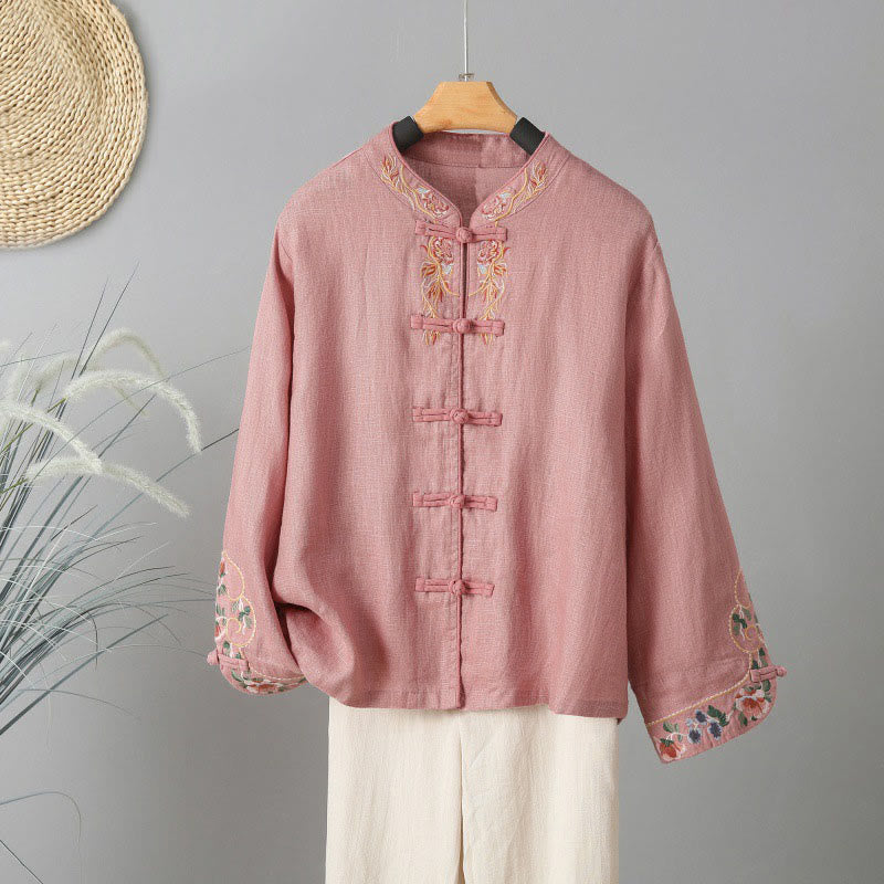 Buddha Stones Casual Women's Embroidery Long Sleeve Stand Collar Cotton Shirt - Pink - US14,UK/AU18,EU46 (2XL) - image 10