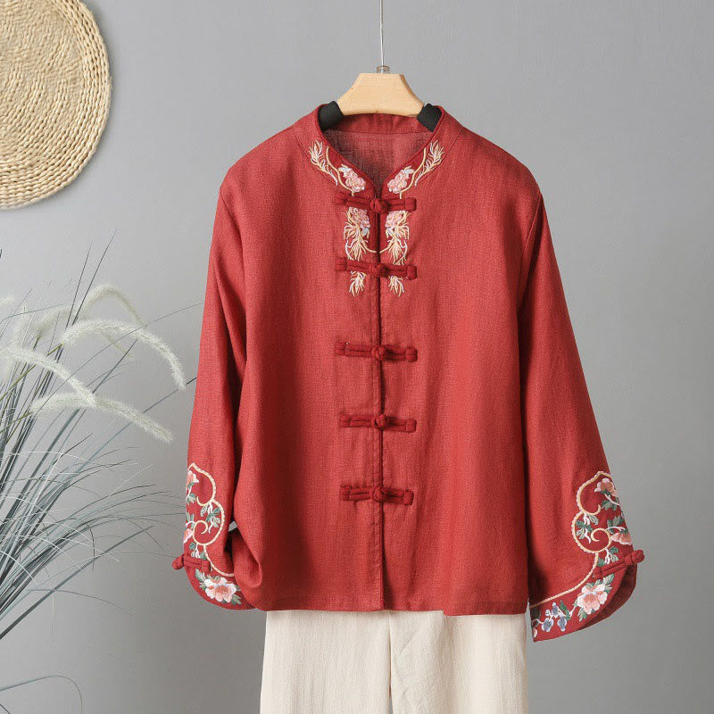 Buddha Stones Casual Women's Embroidery Long Sleeve Stand Collar Cotton Shirt - FireBrick - US14,UK/AU18,EU46 (2XL) - image 16