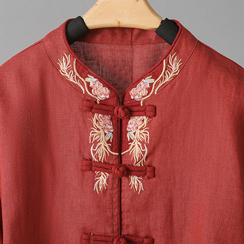 Buddha Stones Casual Women's Embroidery Long Sleeve Stand Collar Cotton Shirt - image 18