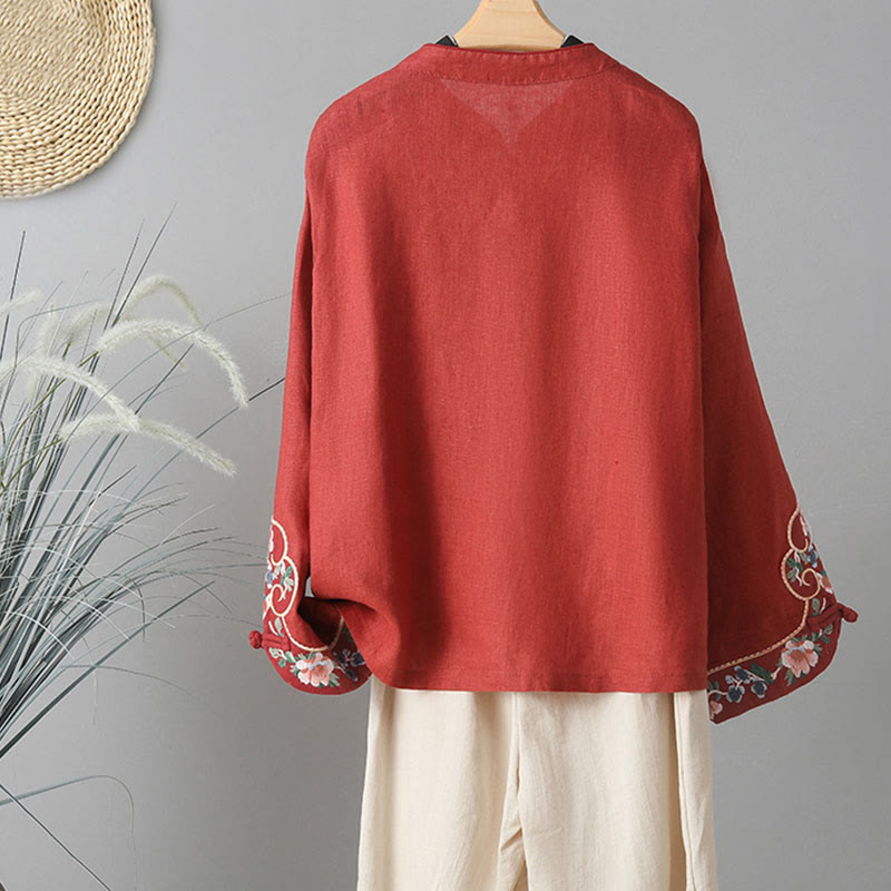 Buddha Stones Casual Women's Embroidery Long Sleeve Stand Collar Cotton Shirt - image 17