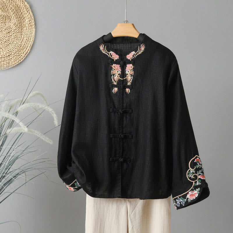 Buddha Stones Casual Women's Embroidery Long Sleeve Stand Collar Cotton Shirt - Black - US14,UK/AU18,EU46 (2XL) - image 19