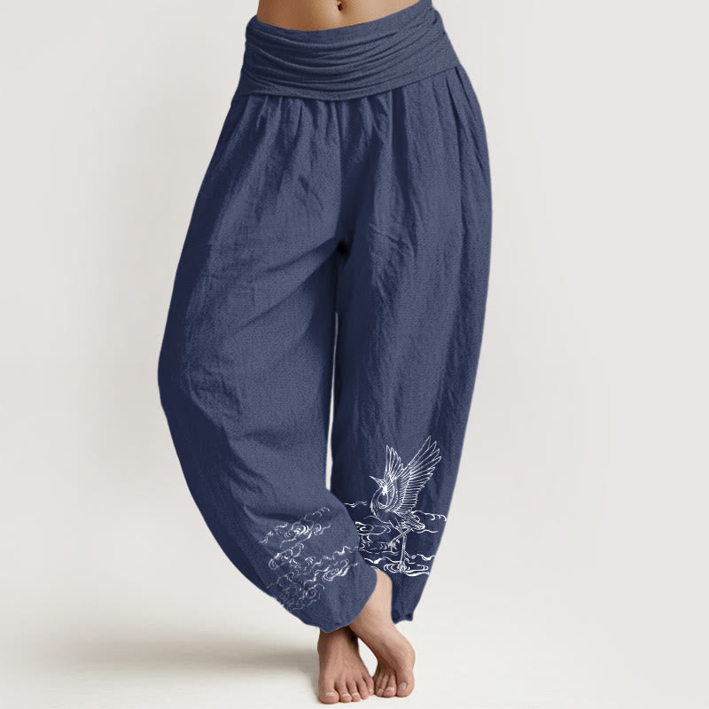 Buddha Stones Crane Flowing Water Pattern Women's Elastic Waist Harem Cotton Pants - DarkSlateBlue - US22,UK/AU26,EU54 (6XL) - image 0