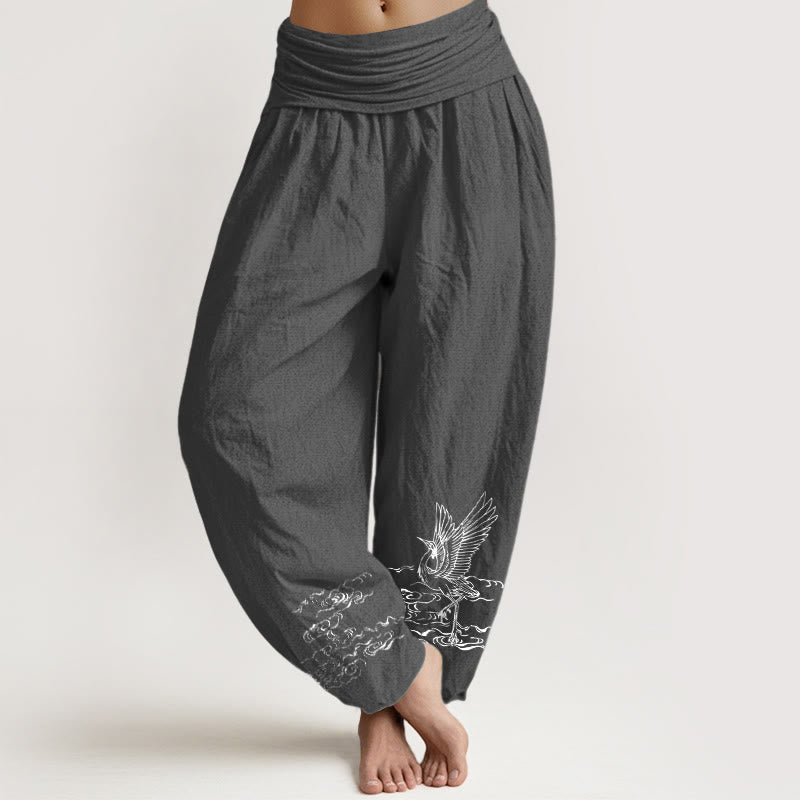 Buddha Stones Crane Flowing Water Pattern Women's Elastic Waist Harem Cotton Pants - DimGray - US22,UK/AU26,EU54 (6XL) - image 8