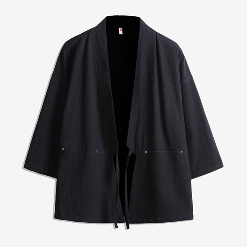 Buddha Stones Solid Color Lace-up Three Quarter Sleeve Open Front Jacket Men's Kimono - Black - US/UK/AU48,EU58(5XL) - image 2