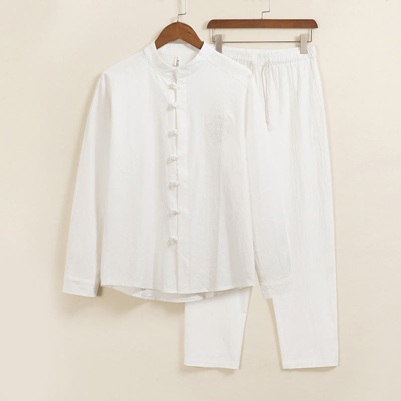 Buddha Stones 2Pcs Plain Men's Frog-Button Long Sleeve Cotton Shirt Pants Set With Pockets - White - US/UK/AU46,EU56 (5XL) - image 1