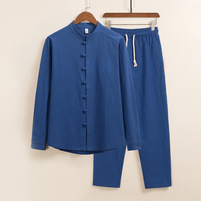 Buddha Stones 2Pcs Plain Men's Frog-Button Long Sleeve Cotton Shirt Pants Set With Pockets - RoyalBlue - US/UK/AU46,EU56 (5XL) - image 14