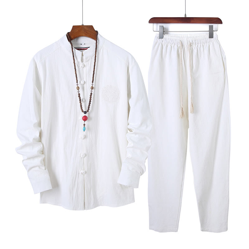 Buddha Stones 2Pcs Solid Color Men's Frog-Button Long Sleeve Cotton Shirt Pants Set With Pockets - White - US/UK/AU46,EU56 (5XL) - image 9