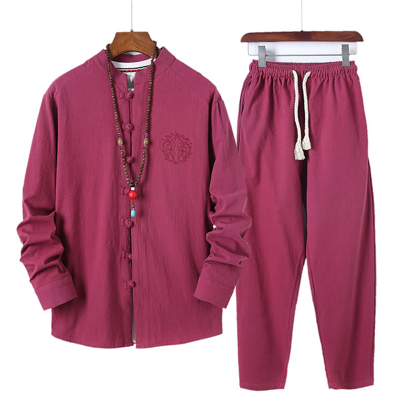 Buddha Stones 2Pcs Solid Color Men's Frog-Button Long Sleeve Cotton Shirt Pants Set With Pockets - FireBrick - US/UK/AU46,EU56 (5XL) - image 29