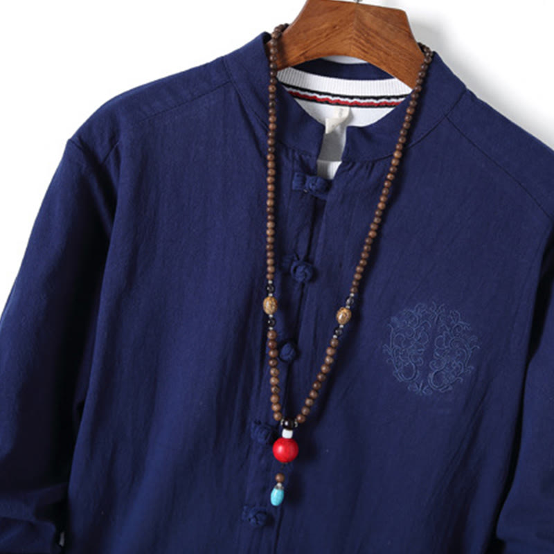 Buddha Stones 2Pcs Solid Color Men's Frog-Button Long Sleeve Cotton Shirt Pants Set With Pockets - image 23