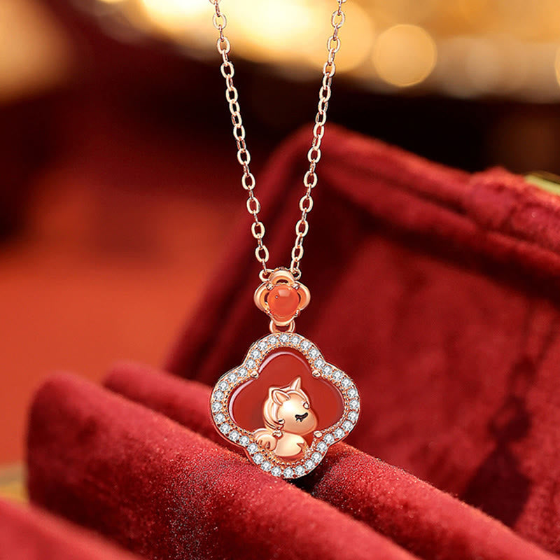 Buddha Stones 925 Sterling Silver Year Of The Horse Four Leaf Clover Red Agate Calm Necklace Pendant - image 2