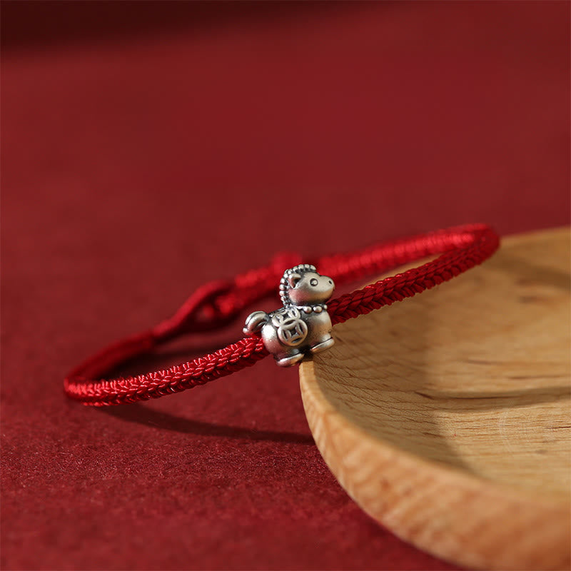 Buddha Stones Year of the Horse 999 Sterling Silver Red String Copper Coins Braided Luck Bracelet - image 1