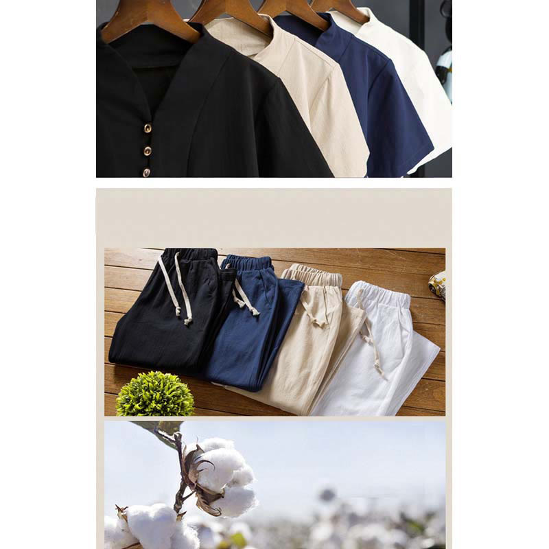Buddha Stones 2Pcs Solid Color Cotton Button Short Sleeve T-shirt Pants Men's Set - image 14