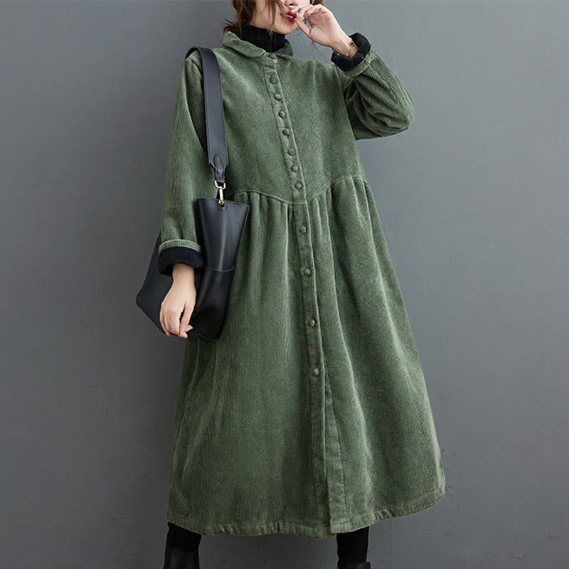 Buddha Stones Plain Buttons Long Sleeve Women's Corduroy Fleece-Lined Coat With Pockets - image 15