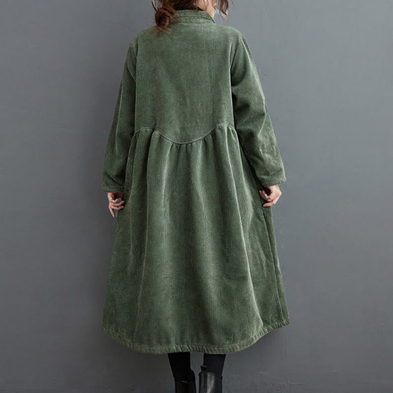 Buddha Stones Plain Buttons Long Sleeve Women's Corduroy Fleece-Lined Coat With Pockets - image 13