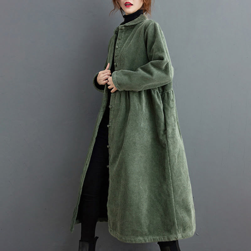 Buddha Stones Plain Buttons Long Sleeve Women's Corduroy Fleece-Lined Coat With Pockets - image 12