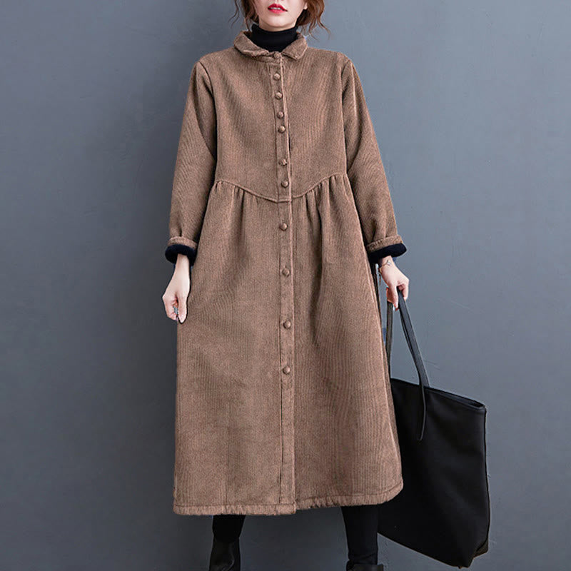Buddha Stones Plain Buttons Long Sleeve Women's Corduroy Fleece-Lined Coat With Pockets - image 27