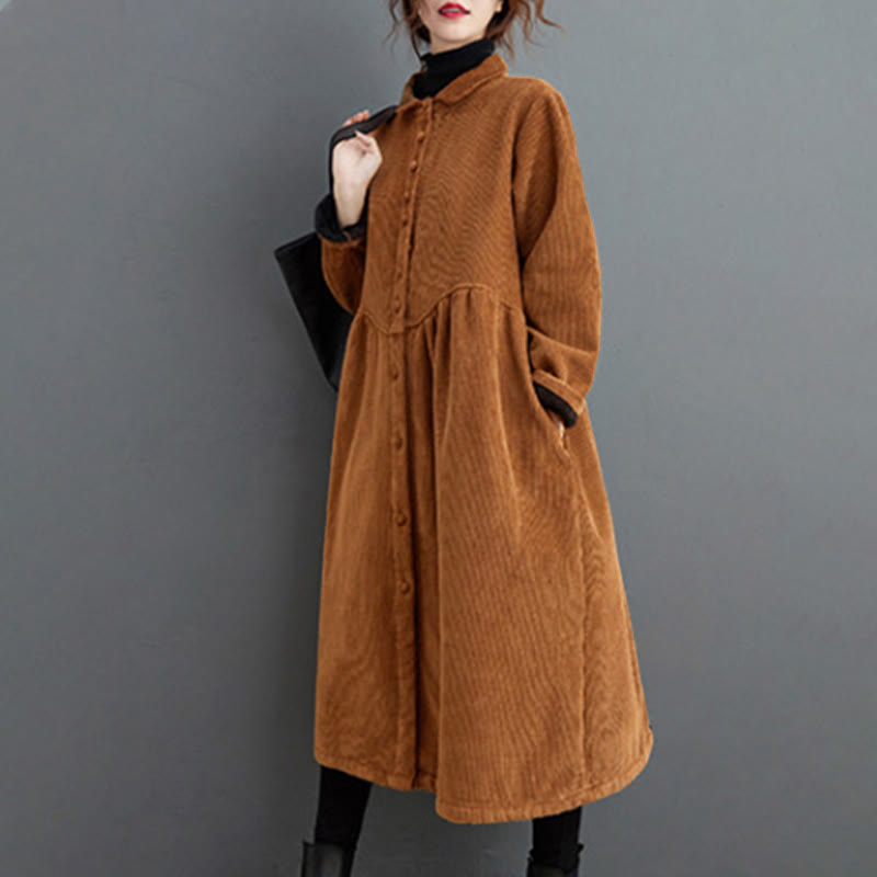 Buddha Stones Plain Buttons Long Sleeve Women's Corduroy Fleece-Lined Coat With Pockets - image 18
