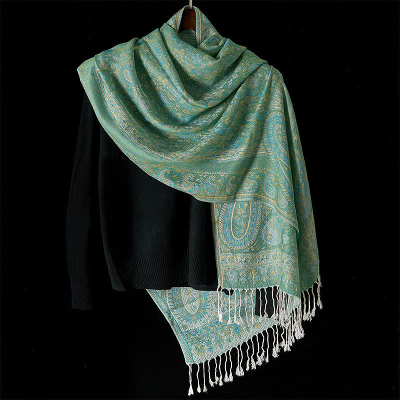 Buddha Stones Spring Green Cashew Flower Geometric Stripes Pattern Tassel Cozy Scarf Shawl - image 7