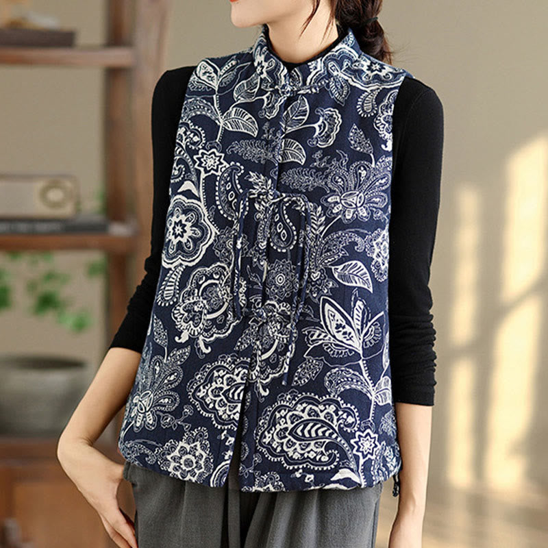 Buddha Stones Plant Pattern Frog-button Women's Sleeveless Cotton Vest Waistcoat With Pockets - image 5