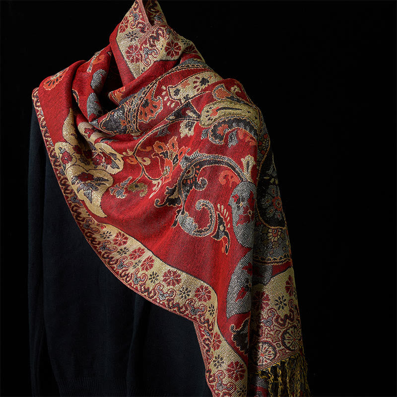 Buddha Stones Spring Cashew Floral Geometry Pattern Tassel Cozy Scarf Shawl - Red - 176*70cm - image 0