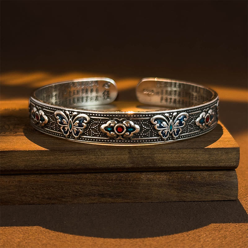 Buddha Stones Heart Sutra Butterfly Copper Enamel Healing Open Adjustable Bracelet Bangle - image 1