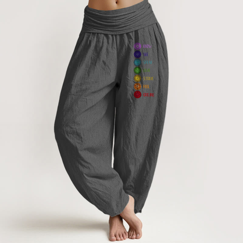 Buddha Stones Seven Chakras Print Pattern Women's Elastic Waist Harem Pure Cotton Pants - Gray - US22,UK/AU26,EU54 (6XL) - image 8