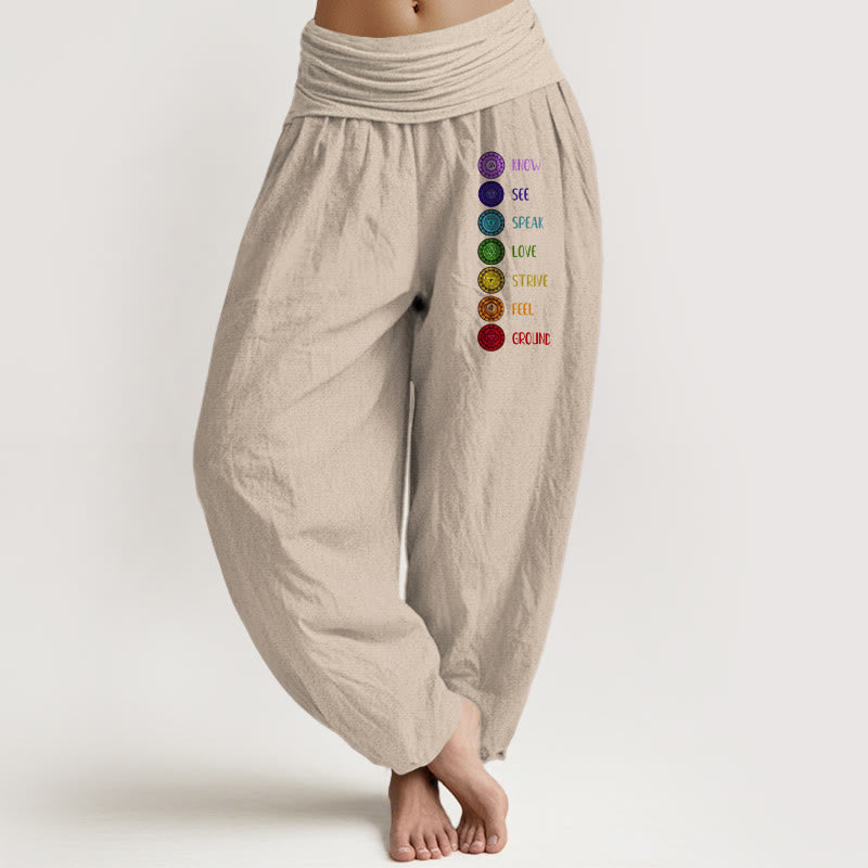 Buddha Stones Seven Chakras Print Pattern Women's Elastic Waist Harem Pure Cotton Pants - Tan - US22,UK/AU26,EU54 (6XL) - image 11