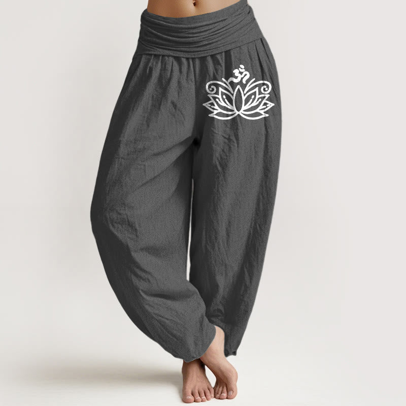 Buddha Stones Lotus Flower Om Symbol Pattern Women's Elastic Waist Harem Pure Cotton Pants - Gray - US22,UK/AU26,EU54 (6XL) - image 8